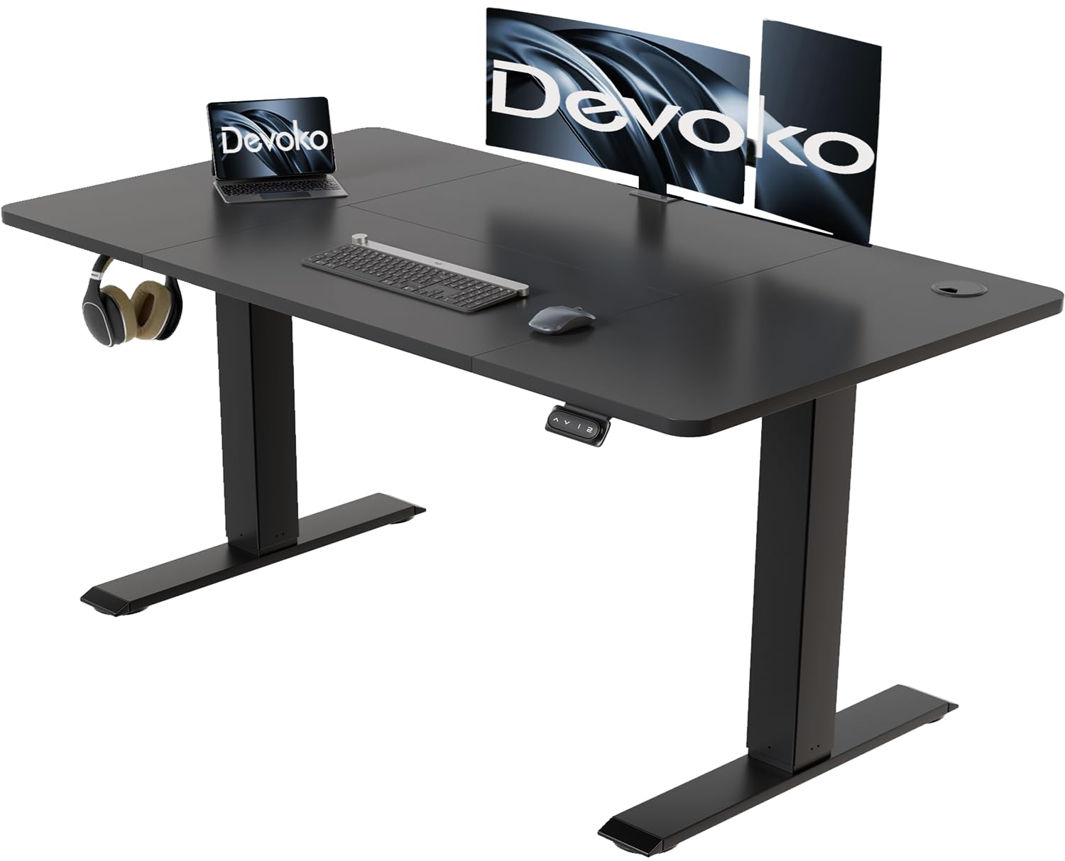 Devoko Höhenverstellbarer Schreibtisch mit Kabelwanne, Elektrisch Höhenverstellbarer Stabiler Stehpult, Computertisch 2-Funktions-Memory, Ergonomischer Steh-Sitz Tisch