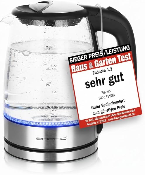EMERIO Glas Wasserkocher mit 1.7 Liter Volumen | 2200 Watt | blaue LED Innenbeleuchtung | 360° Basis | SIEGER Preis/Leistung Haus & Garten Test | bestes Borosilikatglas | Auto Off | WK-119988.7 - 1
