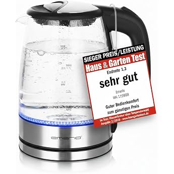 Emerio WK-119988 Glass Kettle, 1.7 liter, 2200 watts, LED Interior Lighting, 360 &deg; Base, Silver