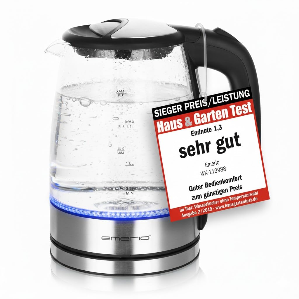 EMERIO Glas Wasserkocher mit 1.7 Liter Volumen | 2200 Watt | blaue LED Innenbeleuchtung | 360° Basis | SIEGER Preis/Leistung Haus & Garten Test | bestes Borosilikatglas | Auto Off | WK-119988.7