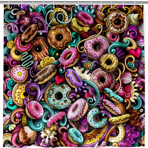 ANHOPE Essen Dessert Donut Duschvorhänge Wasserdicht Anti-schimmel Shower Curtains Polyester Stoff Duschvorhang 180 x 180 cm Waschbar Bad Vorhäng für Badzimmer mit 12 Haken