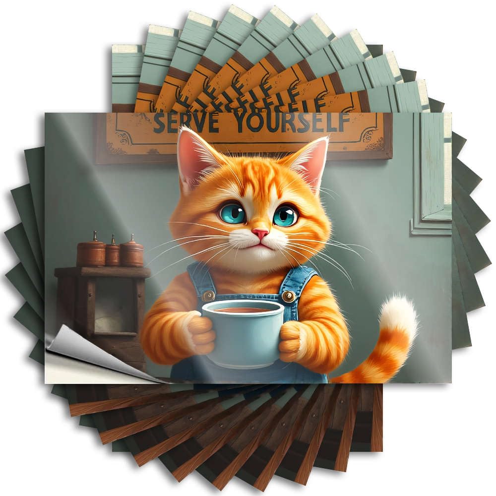 Saying Small Room Decor | Funky Bottle A Cute Cat in Overalls Holding A Cup of Tea. for Military(6X9CM)