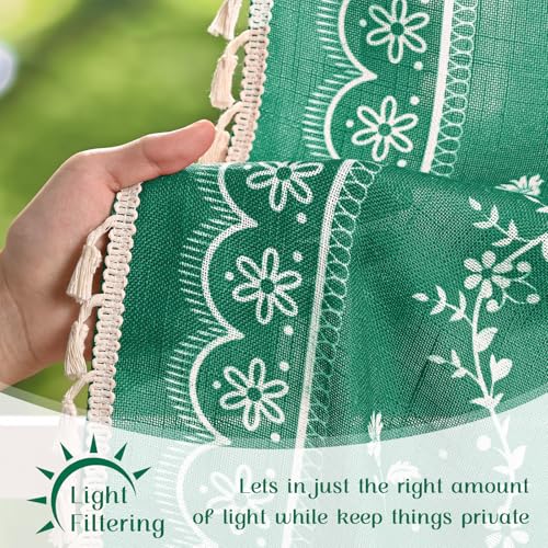Image of Yinhua Boho Swag Valance Curtains Vintage Linen Valances for Windows Light Filtering Floral Kitchen Valance Rod Pocket Farmhouse Rustic Tassel Window Valances for Bathroom Cafe, 60 inch W x 36 inch L, Teal