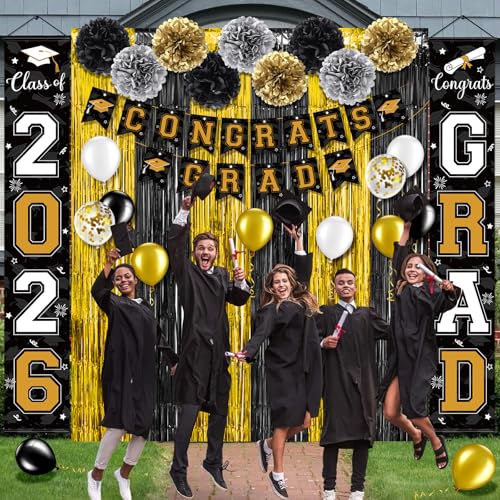 Image of Graduation Party Decorations Class of 2026, Graduation Decorations with Congrats Grad Banner Fringe Foil Curtain Paper Flower Ball Balloon for High School College Graduation Party Supplies, Black Gold