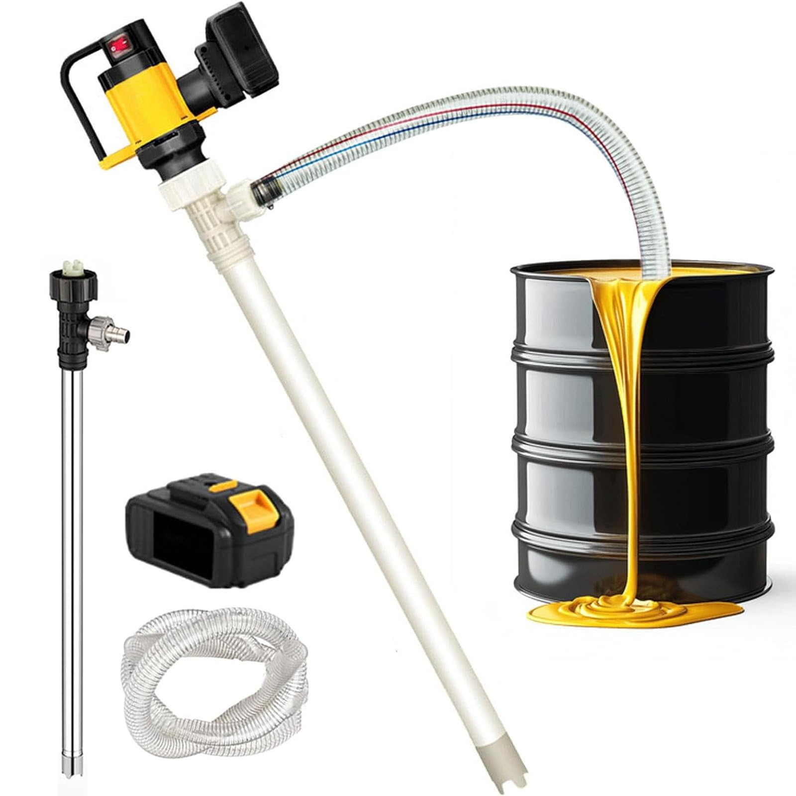 Elektryczna pompa do transferu paliwa, bezprzewodowa pompa beczkowa 1000 W z rurką 93 cm, podnośnik 7 m, przepływ 10-130 l/min do oleju napędowego, smarów, wody, lekko lepkiej cieczy