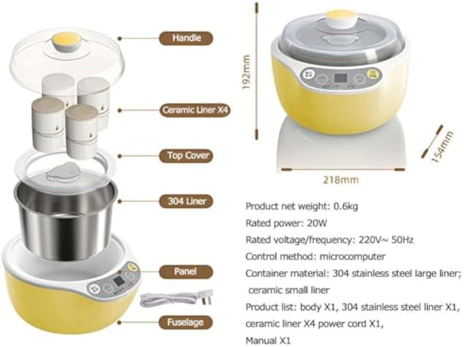 Yogurtera Automática De 1000 Ml, con Revestimiento De Acero Inoxidable 304 Y 4 Tazas, Pantalla LED + Temporizador, para Yogurtera Casera, Máquina para Hacer Queso, 20 W