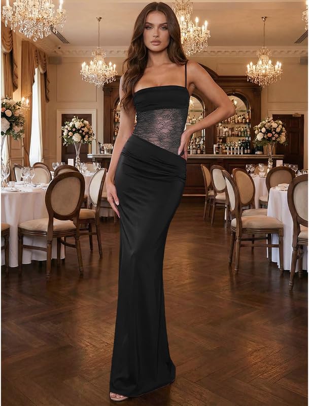 Vestido Largo Mujer Sexy Encaje Patchwork Vestidos de Tirantes Elegante sin Mangas Cuello Cuadrado Maxi Vestido Ajustado Verano Y2k Casual Bodycon Recortado Vestidos de Fiesta Cóctel Club