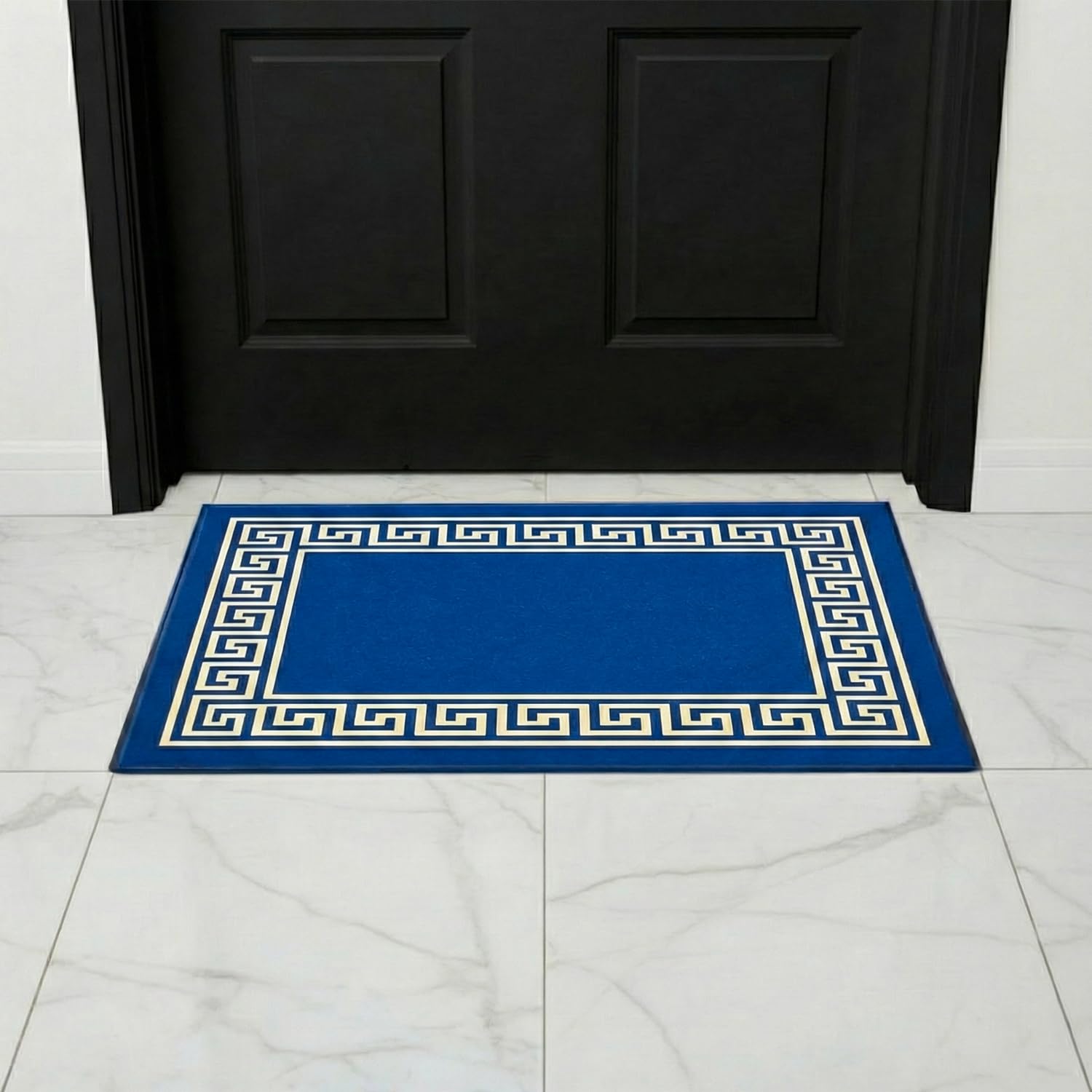 B&B Non Slip Door Mat Super Absorbent Heavy Duty | 40 x 60 cm Machine Washable Doormats for Kitchen and Office Indoor Outdoor Anti Slip Floor Mat - Greeky Rug Blue & Cream