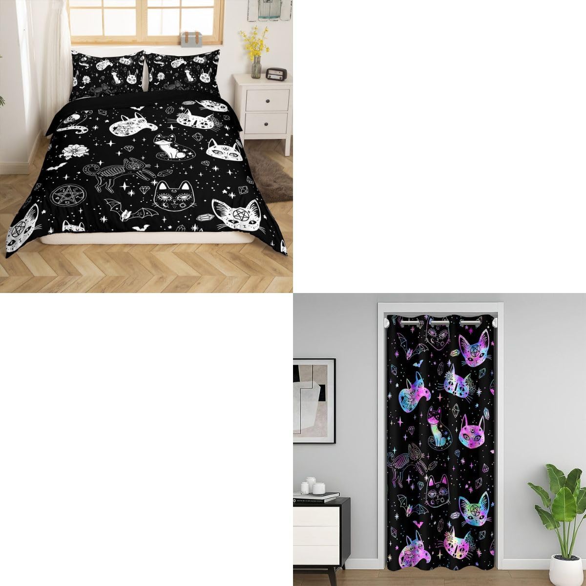 Gothic Cat Skull Duvet Cover Twin Size and Ombre Coloful Door Curtain 34" Wx 80" L Halloween Theme Room Decor