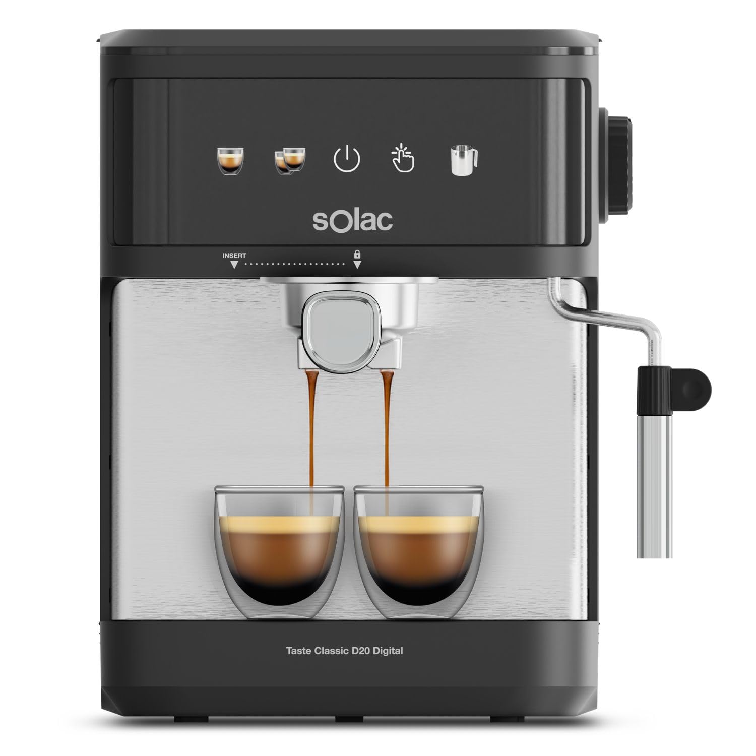 Solac Digital Espresso Coffee Maker | 850W | Pressure 20 bar | Tank 1.8L | Arm 1 and 2 Outlets | Vaporizer | Touch Control | Surface Heating Cups | Automatic Shut-off