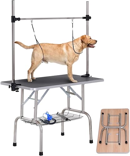 Mesa de aseo para perros grandes, altura ajustable, mesa de corte portátil profesional resistente con bandeja de brazolazomalla, capacidad máxima de