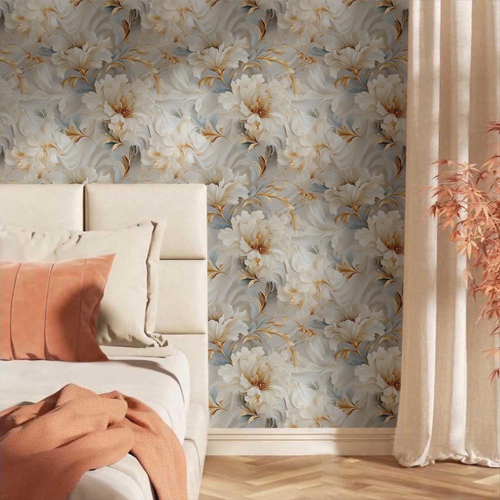 18"x236" Vintage Ivory Classical Flower Peel and Stick Self Adhesive Wallpaper Removable Contact Paper Stick on Easy Peel Off Wall Paper for Kitchen Bedroom Bathroom Renter