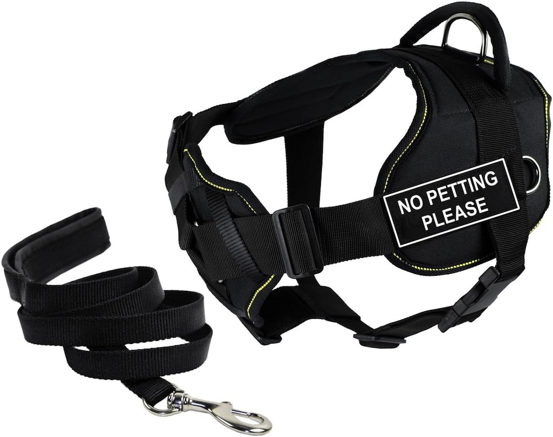 Dean & Tyler Bundle of 34 to 47-Inch DT Fun Harness with Chest Support, X-Large, Yellow Trim and 6-Feet Stainless Snap Padded Puppy Leash, Black, No Petting Please