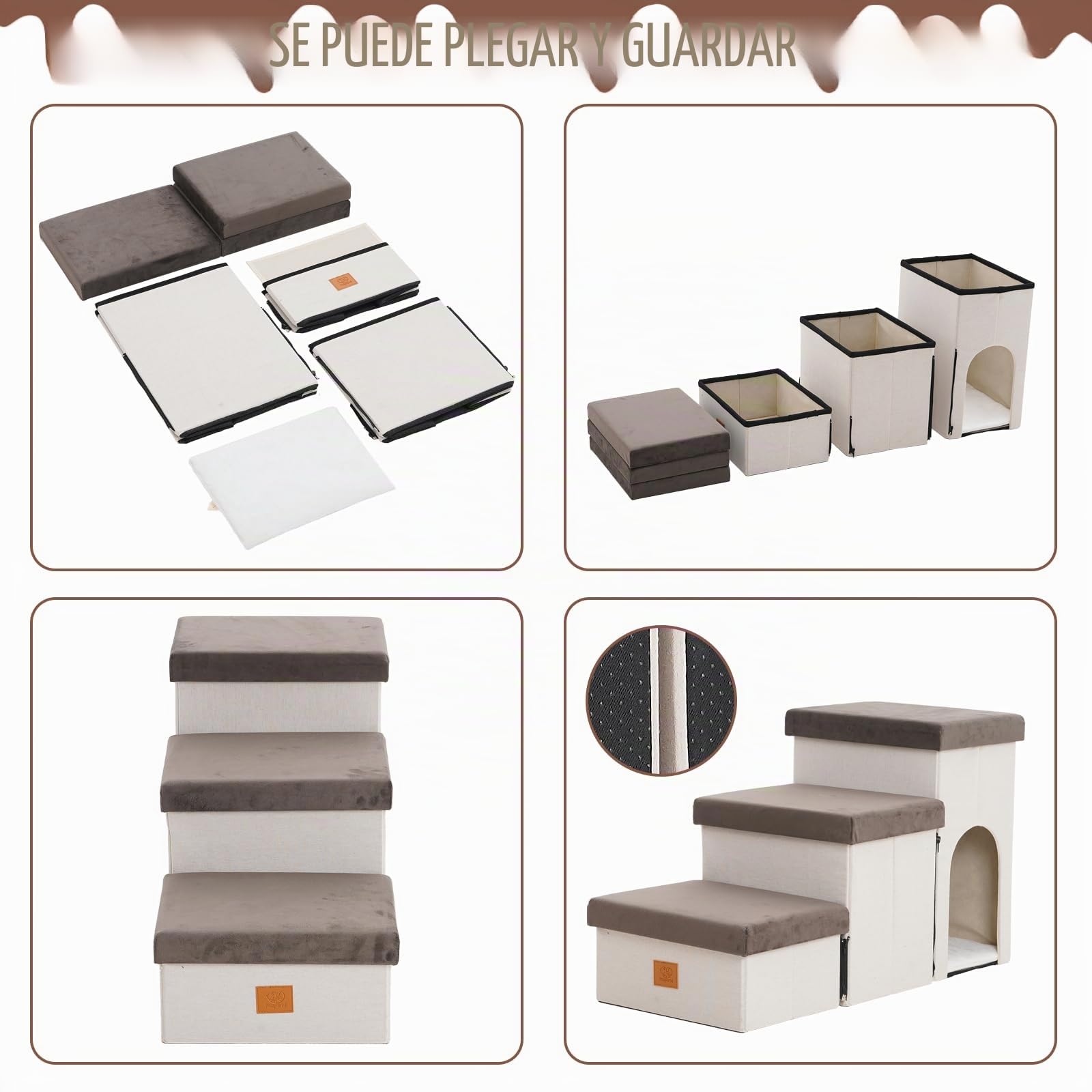 Escalera Plegable para Mascotas, Altura 44 cm, Antideslizante con Almacenamiento, Ideal para Perros Pequeños y Gatos Mayores, Uso para Cama