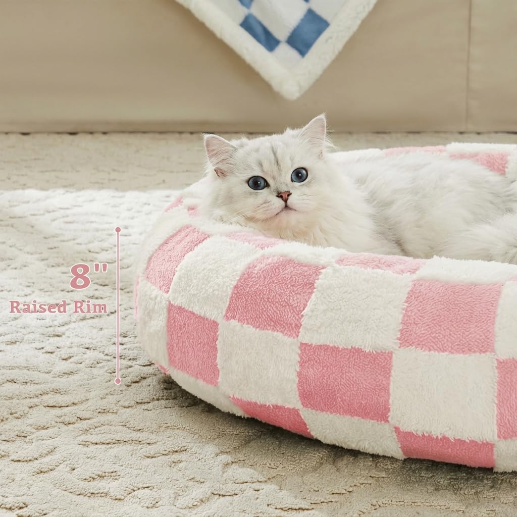Ohocut Checkered Cat Dog Bed, Cute Girly Pink Retro Style Aesthetic Round Warming Pet Calming Beds for Small Dog and Cats, Plush Cozy Donut Beds Washable, 23" L x 23" W x 8" Th
