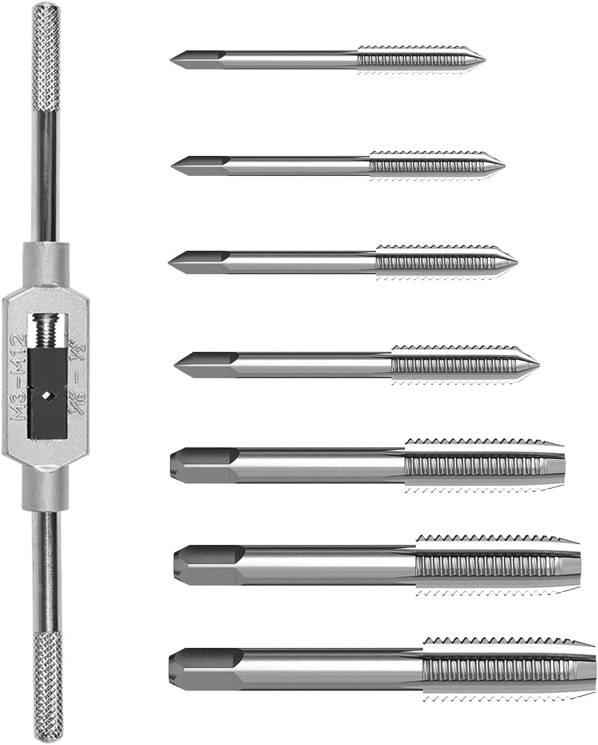 8PCS Metric Tap Set, Hand Screw Thread Taps Set,Mini Metric Plug Tap Screw Tap Drill Tap Drill Set Tapping tool M3 M4 M5 M6 M8 M10 M12 with Adjustable Tap Wrench Tool 1/16-1/2"