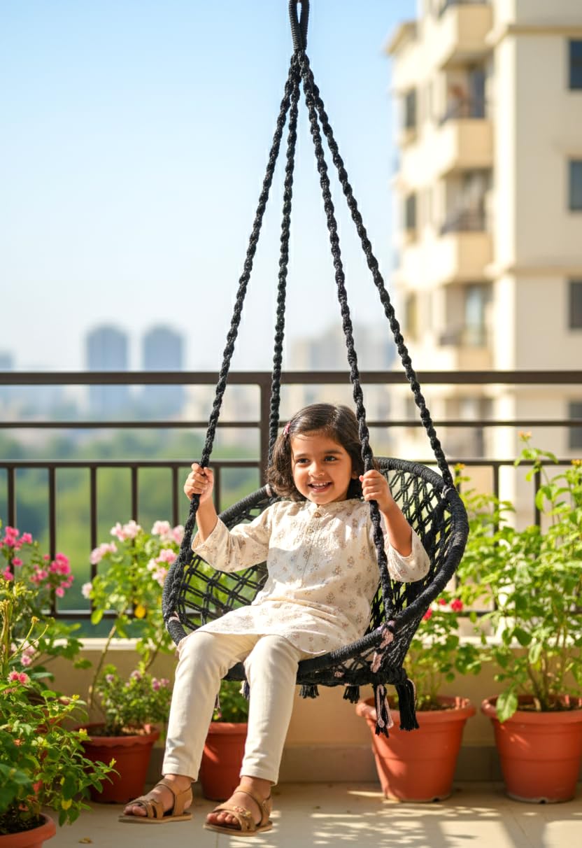 Patiofy Cotton Round Baby Swing/Jhula for Kids/Swing for Kids for Home/Jhula for Baby Swing Hanging Indoor & Outdoor/Ideal for 5-15 Years/Swing for Children/Swinging Chair for Kids (Black)