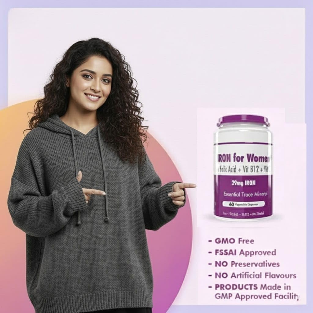 Iron Supplement for Women -100% Chelated - with Vitamin B12, Folic Acid & Vitamin C for High Absorption (60 Veg Capsules)