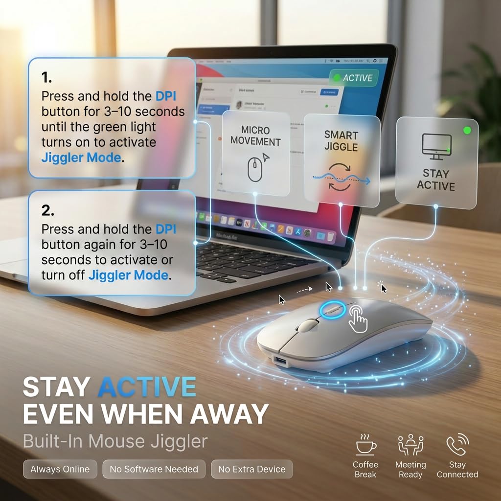 Mouse wireless Bluetooth con modalità Jiggler, mouse silenzioso ricaricabile per MacBook Air/Pro PC portatile, multi-dispositivo BT5.2/BT3.0 e ricevitore USB-A/USB-C 2.4G, mouse ottico ergonomico con