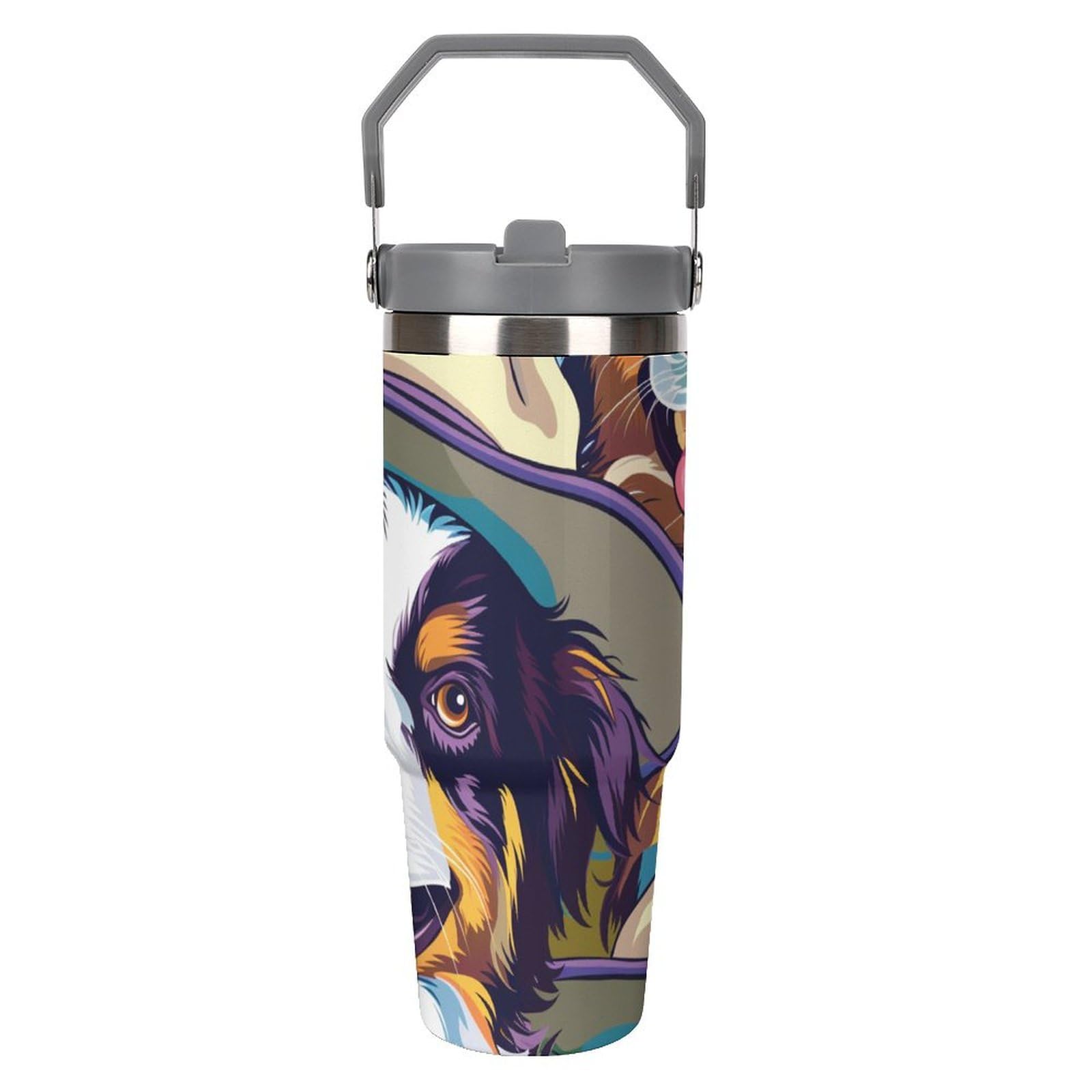 3D Printing Border Collie Reusable Stainless Steel Travel Mug - Leakproof with Straw - Ideal for Hot and Cold Drinks - Dishwasher Safe 30oz
