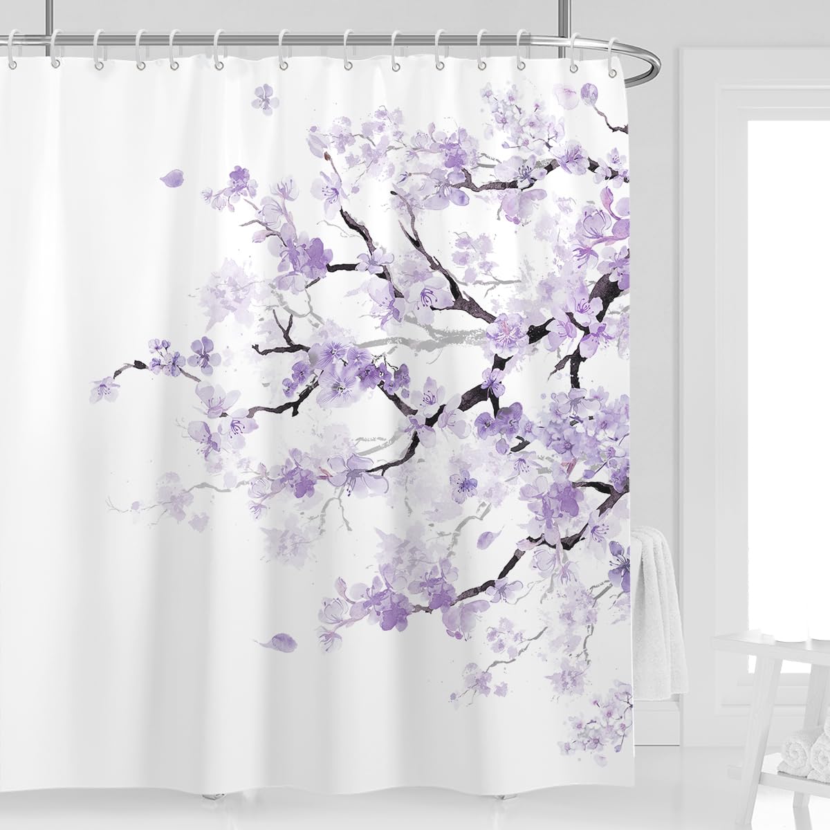 Kikiry Purple Cherry Shower Curtain 72''W x 84''L Extra Long XL Large Spring Sakura Floral Flowers Plum Blossom Japanese Asian Bathroom Curtains Plant