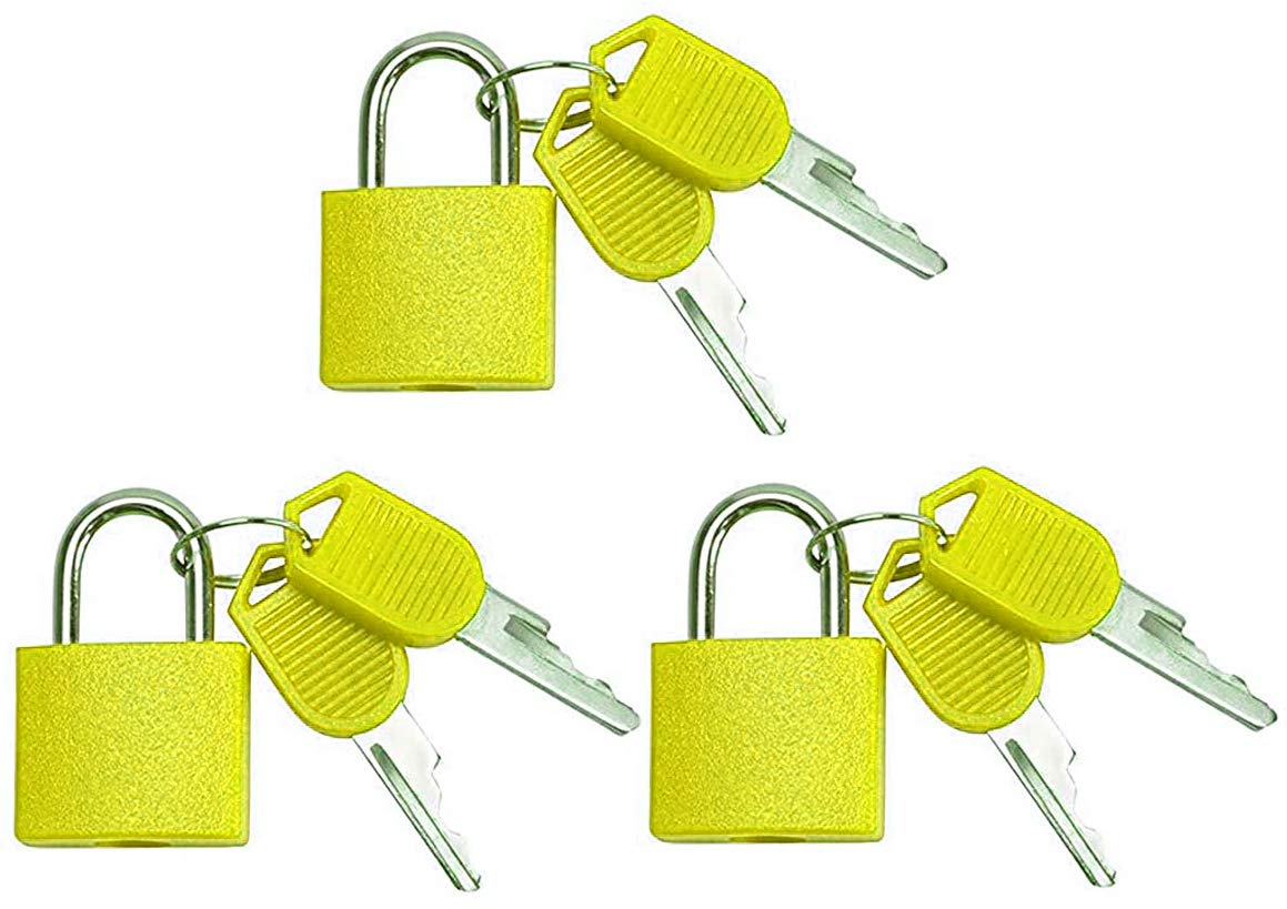 VIP Home Essentials – 3 Locks - Small Mini Durable ABS Covered Solid Brass Body Individually Keyed Luggage Padlock Set (Yellow)