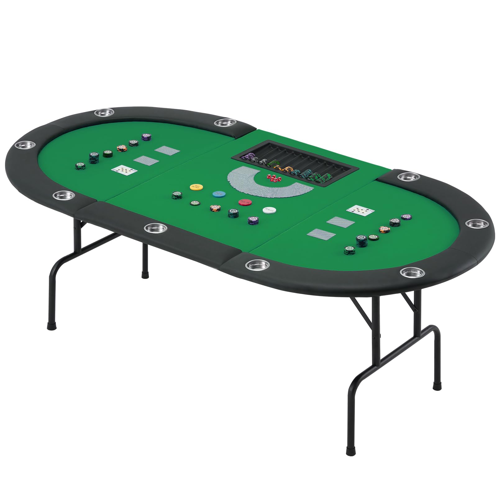 ECOTOUGE Poker Table Foldable, 9 Players Texas Holdem Table with Metal Cup Holders & Folding Legs, Oval Casino Leisure Game Table Top for Card Games, Green