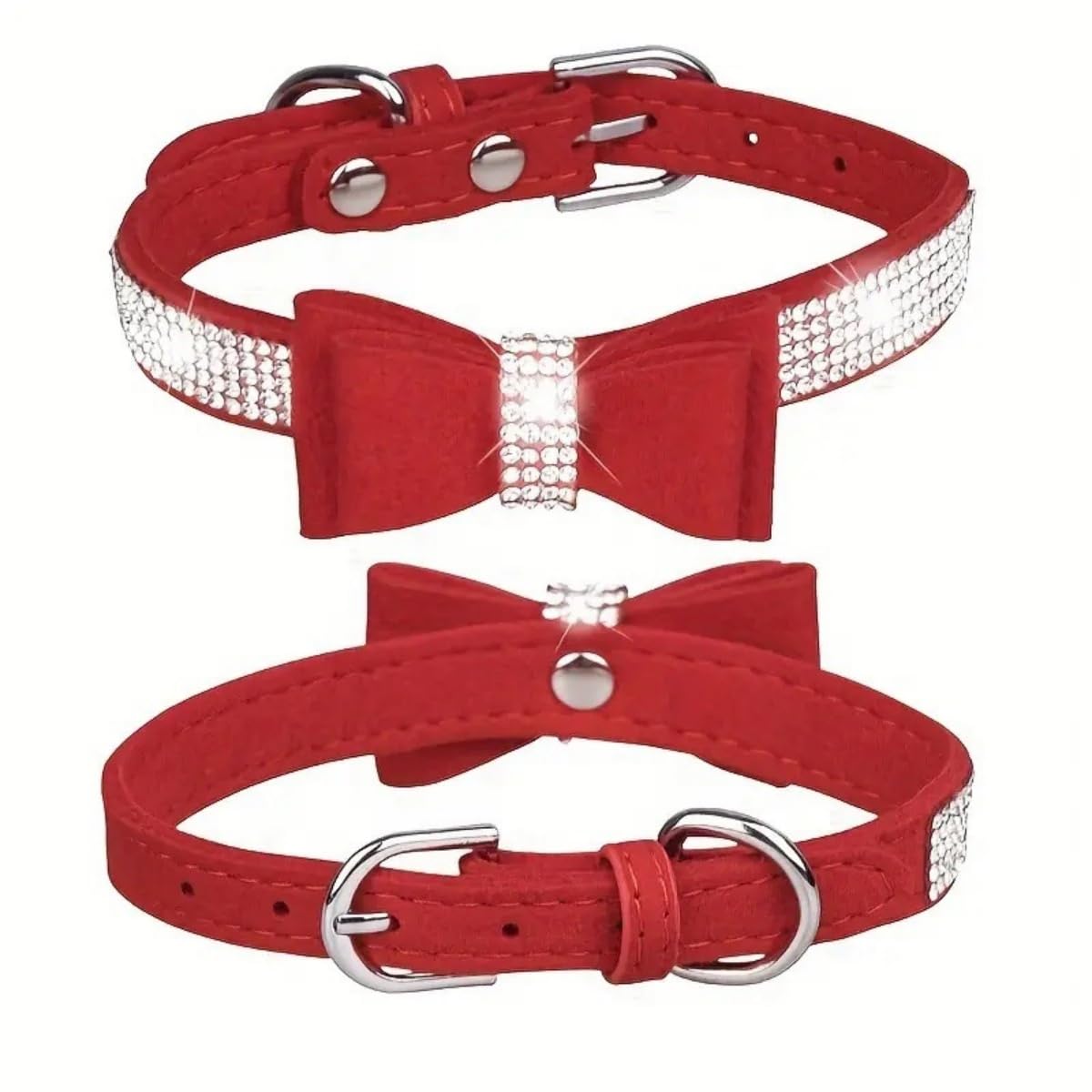 Cute Dog Collar with Rhinestone Bow Soft Adjustable Collar Dazzling Sparkling Diamante Collars for Small Medium Large Pet Puppy Cat Small Red