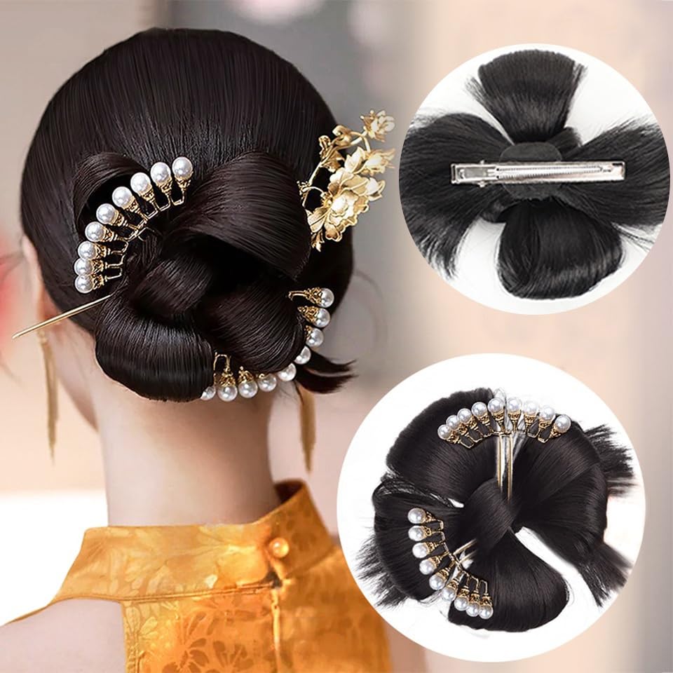 Hair Bun Synthetic Chinese Style Bun Hair Piece with Duck Billed Clip Hanfu Ancient Style Hair Extensions Scrunchies(Dark Brown)