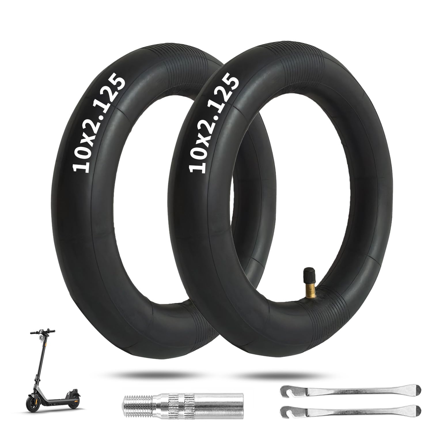 Photo 1 of 10 x 2.125 Scooter Tire Inner Tube, 10 inch Tube, Compatible with 10x1.90 10x1.95 10 x 2 54-152 Most, for Segway Ninebot F20, F25, F30, F40 Electric Scooter [Thickened] [Tire Levers] (2 Pack)