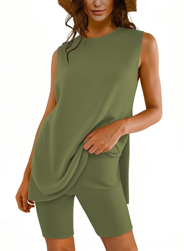 Outfeel Women Two Piece Short Set Summer Sweatsuit Beach Vacation Outfits Sleeveless Tunic Top and Shorts Lounge Sets Army Green M by Outfeel - Used condition - US$21.84
