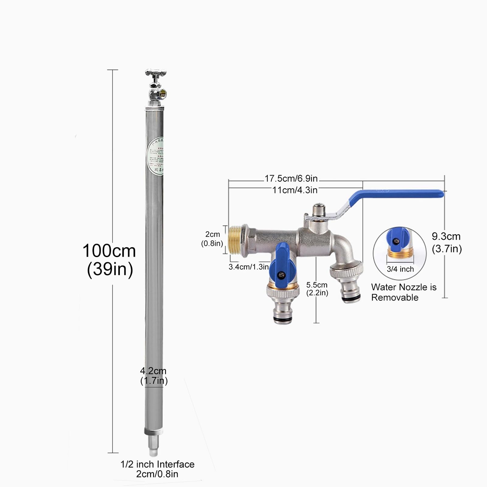 Columna de agua de jardín con grifo de 39 pulgadas, suministro de agua de doble grifo para uso en exteriores, manguera de jardín de 1 2 pulgadas, ideal para lacaping y jardinería