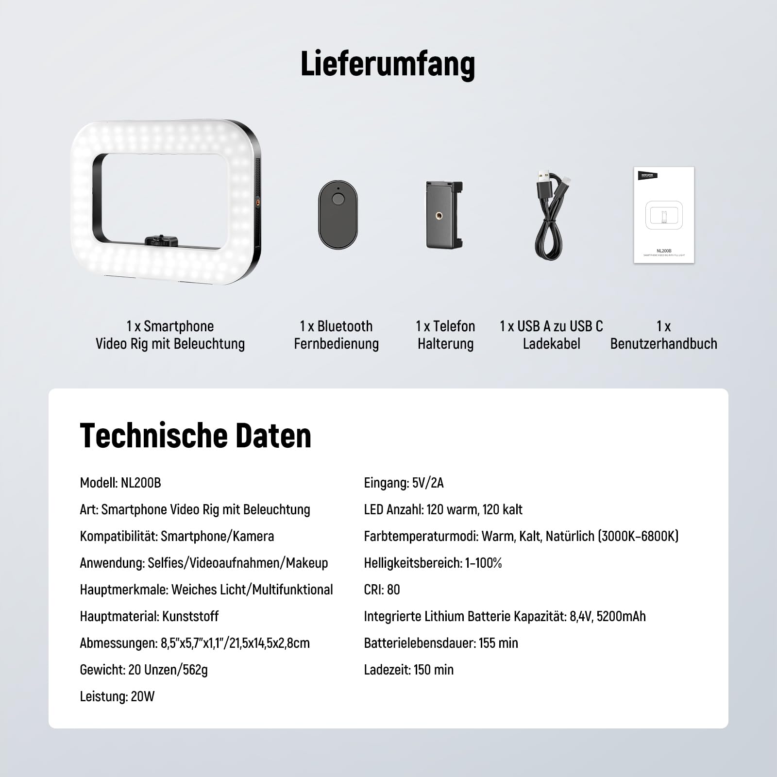 NEEWER Entry Level Version Handy Video Rig mit Selfie Licht, Handstabilisator mit 20W zweifarbigem LED Ringlicht, 3 Blitzschuhen/5200mAh Akku/CRI80+ für Selfie Streaming und Vlog, NL200B