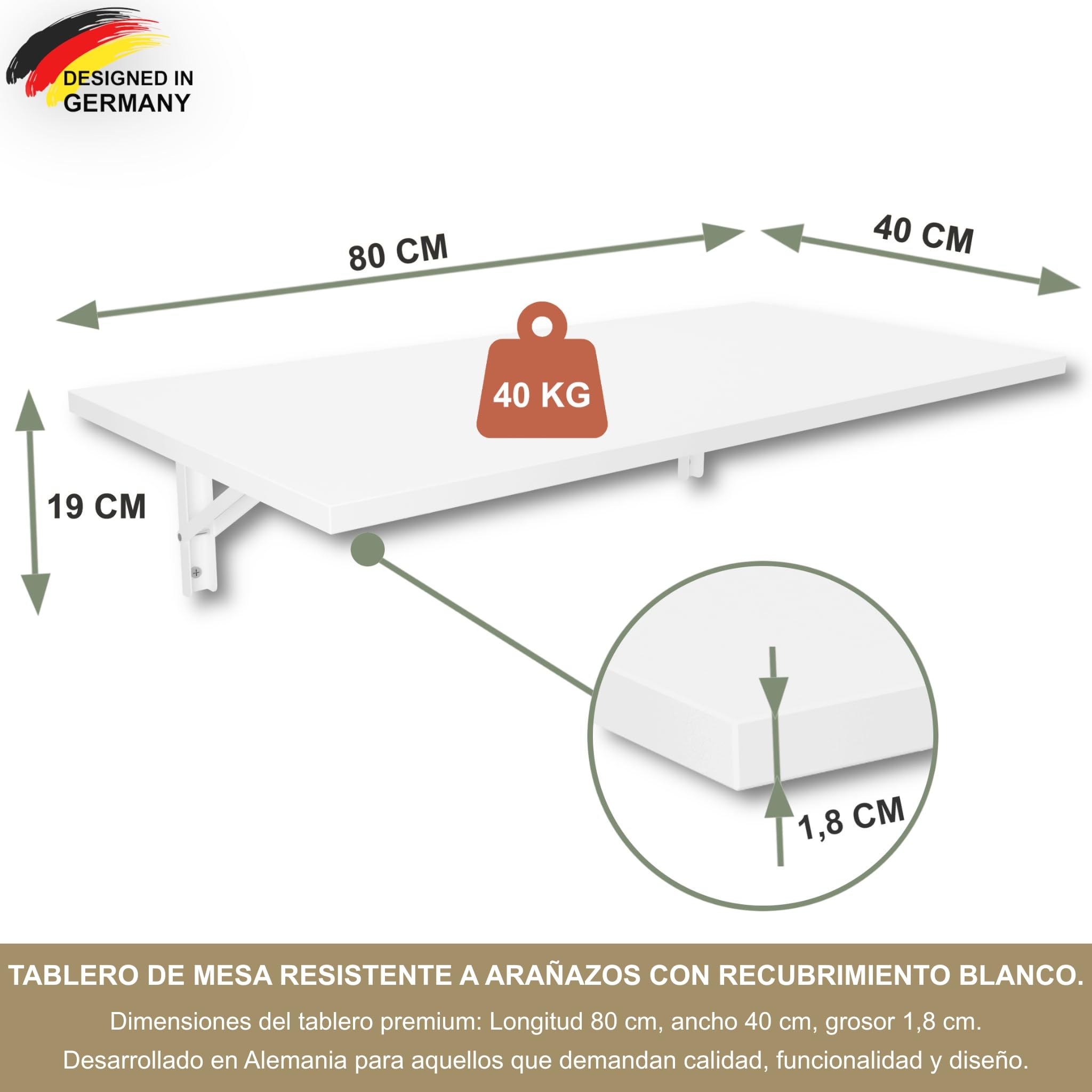 KDR Mesa Plegable de Pared 80 x 40 cm – Mesa abatible Multifuncional Ahorra Espacio, Escritorio Plegable o Mesa de Comedor para Cocina, Oficina o Estudio (Blanco)