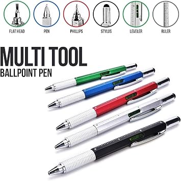 6 in 1 Multi Tool Ballpoint Pen 5 Pack Stocking Filler Gift Pen for Men Stocking Filler- Screwdriver Pen Ruler Stylus Spirit Level