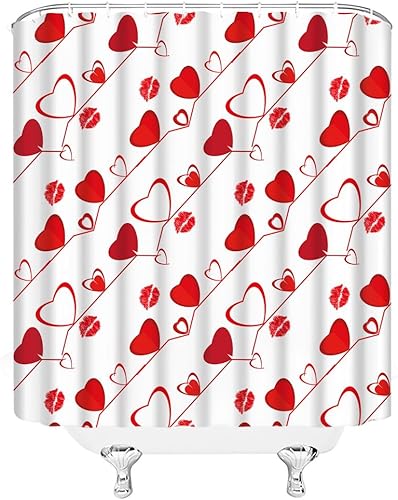 Miniatura 3 de Cortina de ducha para el día de San Valentín, diseño de corazón rojo con estampado de labios, romántico, dulce pareja, decoración de baño, cortinas