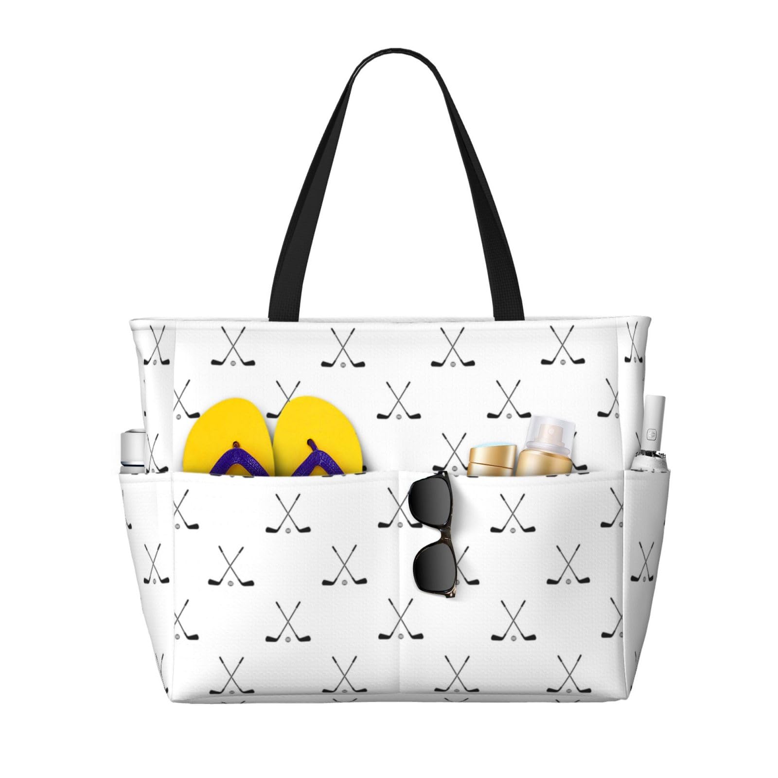 Aruzdey Hockey Stick Pattern Beach Bag Women Tote Bag Pool Bag With Zipper For Gym Grocery Travel With Wet Pocket, Black