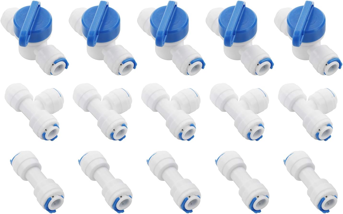 15pcs 1/4" Quick Connect Water Purifiers Tube Fittings for RO Water Reverse Osmosis System（Ball Valve+I+T Type）