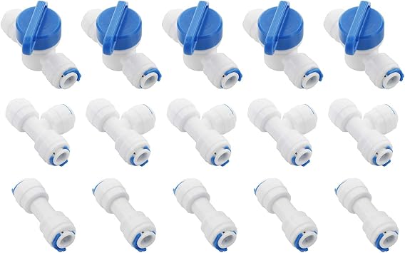 15pcs 1/4" Quick Connect Water Purifiers Tube Fittings for RO Water Reverse Osmosis SystemBall Valve+I+T Type