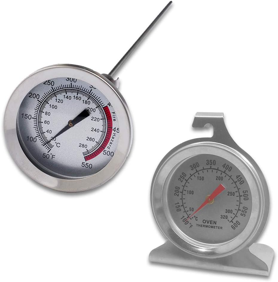 Set of 2 Stainless Steel Oven Monitoring Thermometer & Long Stem Fry Thermometer, DaKuan Dial Oven Thermometer with Hook and Panel Base and 12” Meat Cooking Thermometer