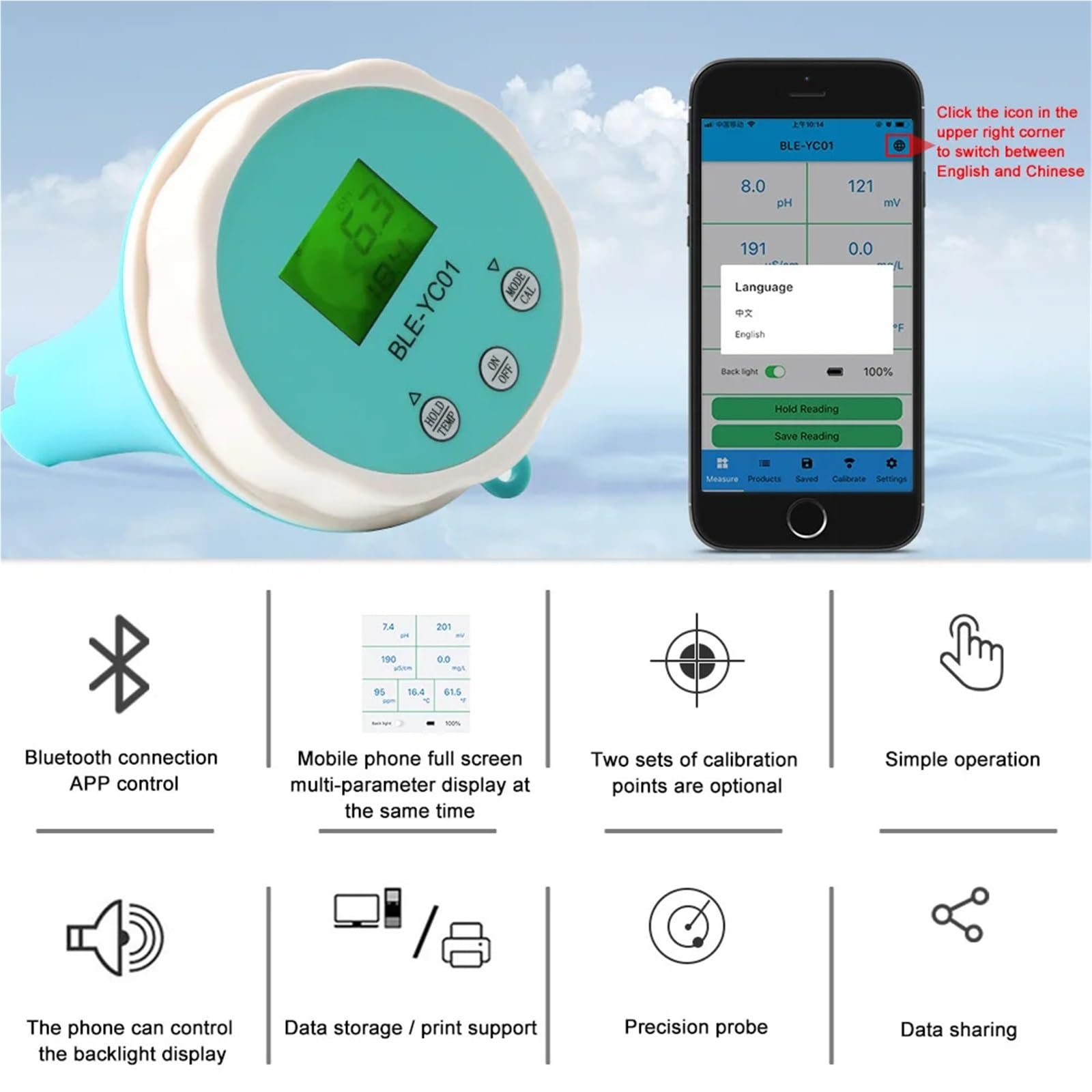 Tester ph wody, 6 w 1 Detektor jakości wody basenie PH EC TDS ORP Kalibracja temperatury Chlor BT APP Monitor online Tester, do wody pitnej, akwariów itp