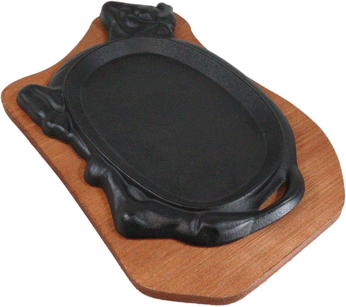 Ebros Gift Personal Size Cow Shaped Cast Iron Unseasoned Sizzling Fajita Pan Skillet Japanese Steak Plate With Wood Underliner Trivet Base Restaurant Home Kitchen