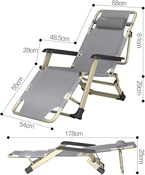 Garden Sun Lounger Reclining Chair with Headrest, Folding Lawn Lounge Chairs Outdoor Leisure Recliner Chairs for Camping Beach Patio 550lbs Capacity - Gray