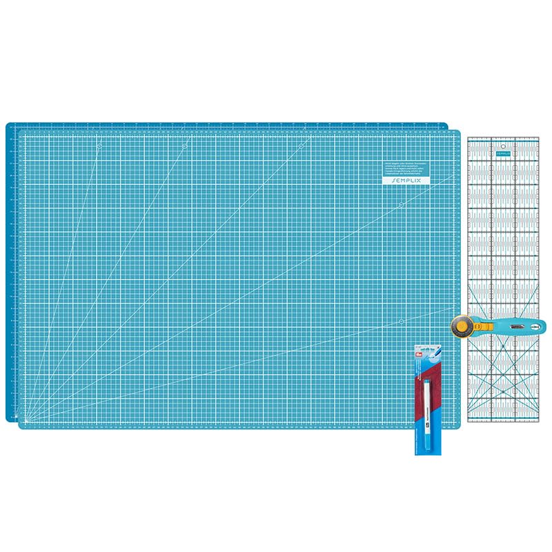 Semplix Schneidematten-Set A1 mit Prym Aqua-Trickmarker (türkis/petrol) | A1 Schneidematte 90x60 cm selbstheilend mit Rollschneider Ø45 mm, Patchwork-Lineal 60x15 cm & Prym Aqua-Trickmarker.