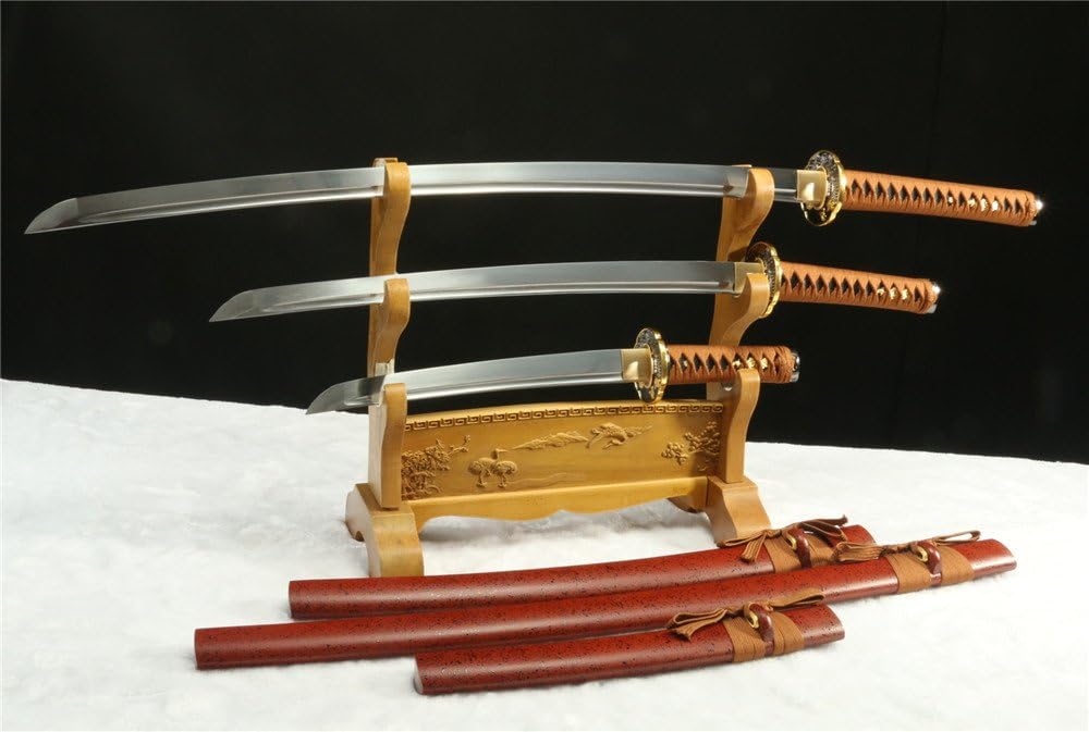 1095 Carbon Steel Forged Japanese Samurai Sword Set (Katana + WAKIZASHI +Tanto) Free Send Black Stand