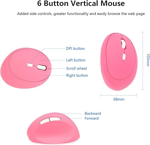 Miniatura 3 de 3C Light Ratón vertical inalámbrico de 2.4G, ergonómico y vertical, ratón óptico con sensibilidad ajustable (80012001600 DPI), 6 botones para PC,