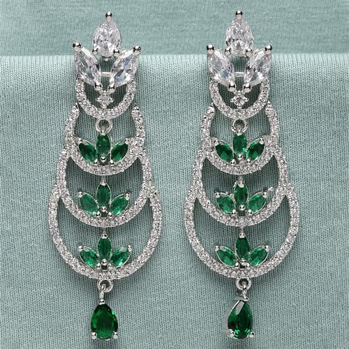Rhodium-Plated Crescent Drop Earrings with AD