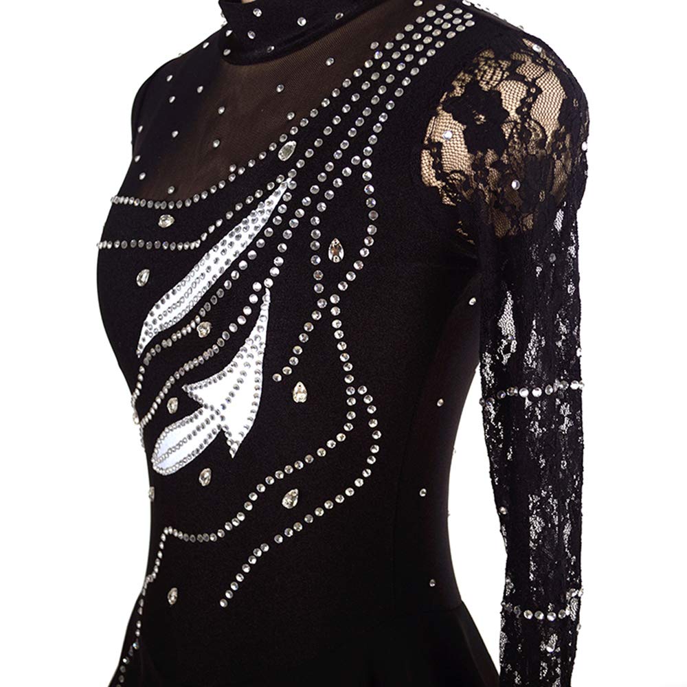 LIUHUO Vestido de patinaje artístico sobre hielo Falda de malla de diamante de manga larga Negro, Negro -, Medium