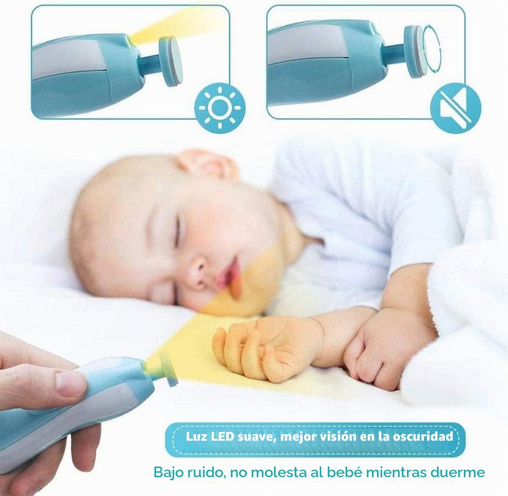 Lima de uñas eléctrica para bebés, cortaúñas 8 en 1 seguro, con 6 cabezales de pulido y luz, kit de cuidado de uñas para todas las edades (azul 1)