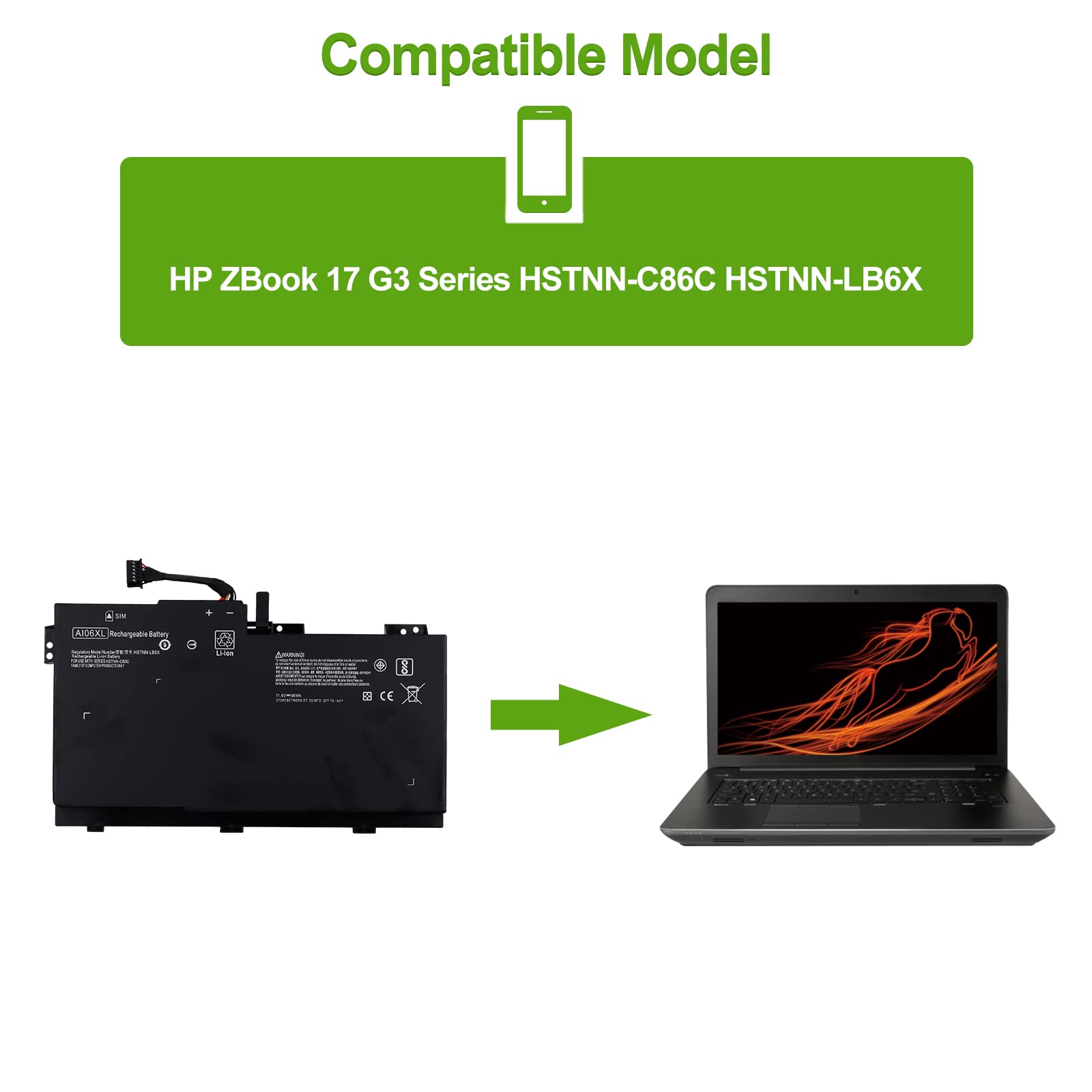 Batteria di ricambio compatibile con HP ZBook 17 G3 Series HSTNN-C86C HSTNN-LB6X AI06XL Laptop Battery Replacement